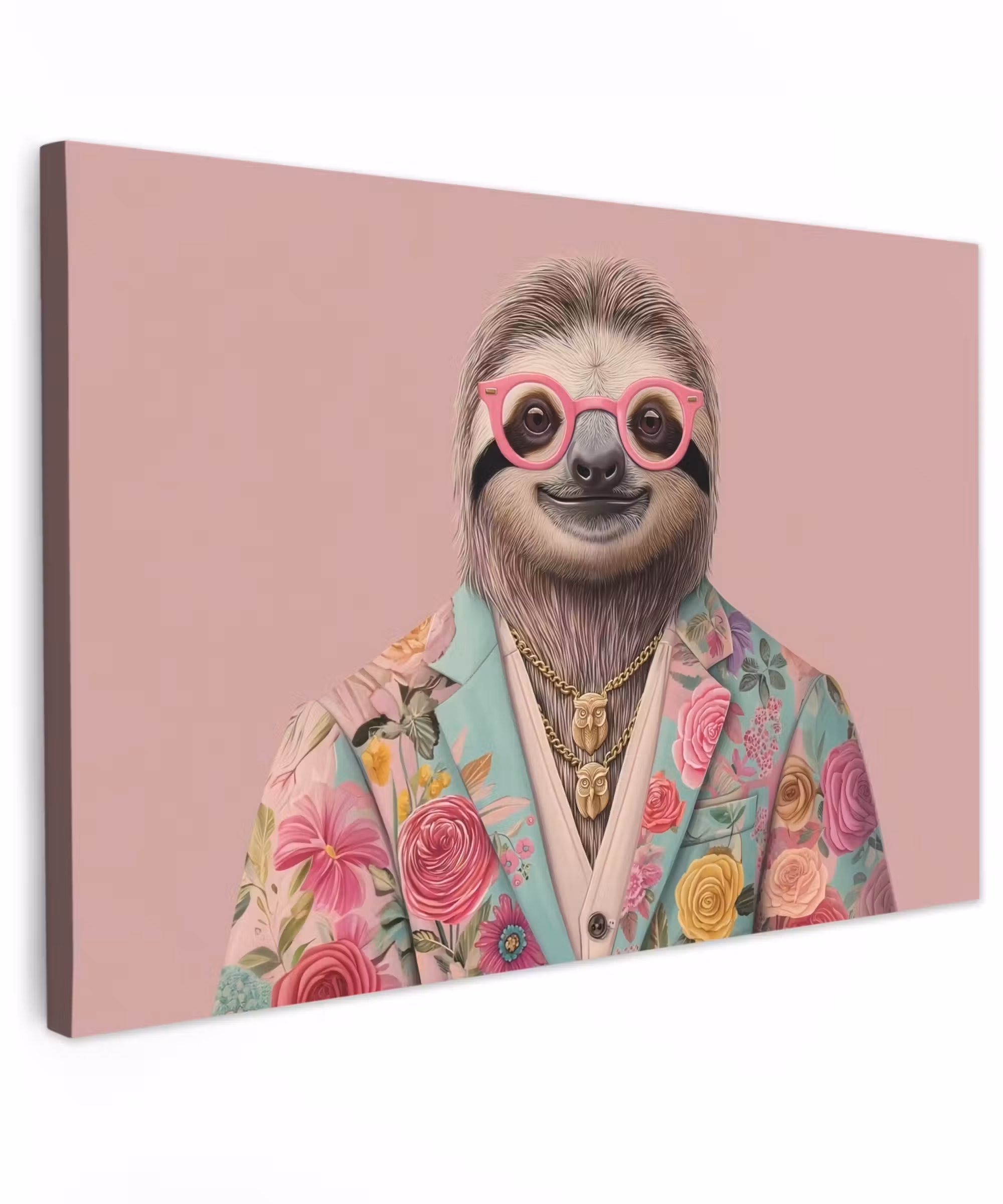 Canvas schilderij - Luiaard - Bloemenprint - Bril - Roze