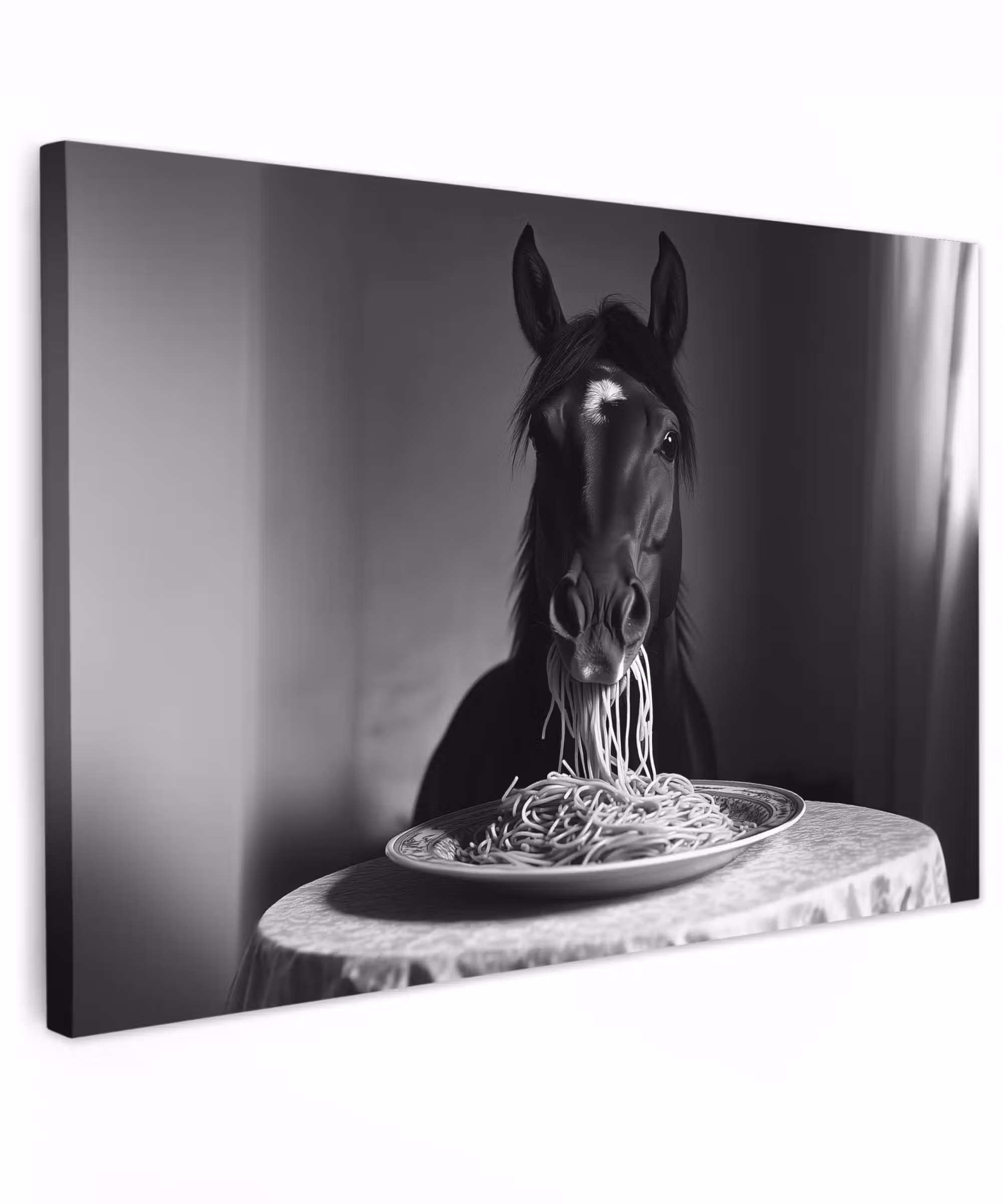 Canvas schilderij - Paard - Bord - Pasta - Tafelkleed - Zwart Wit - Dieren