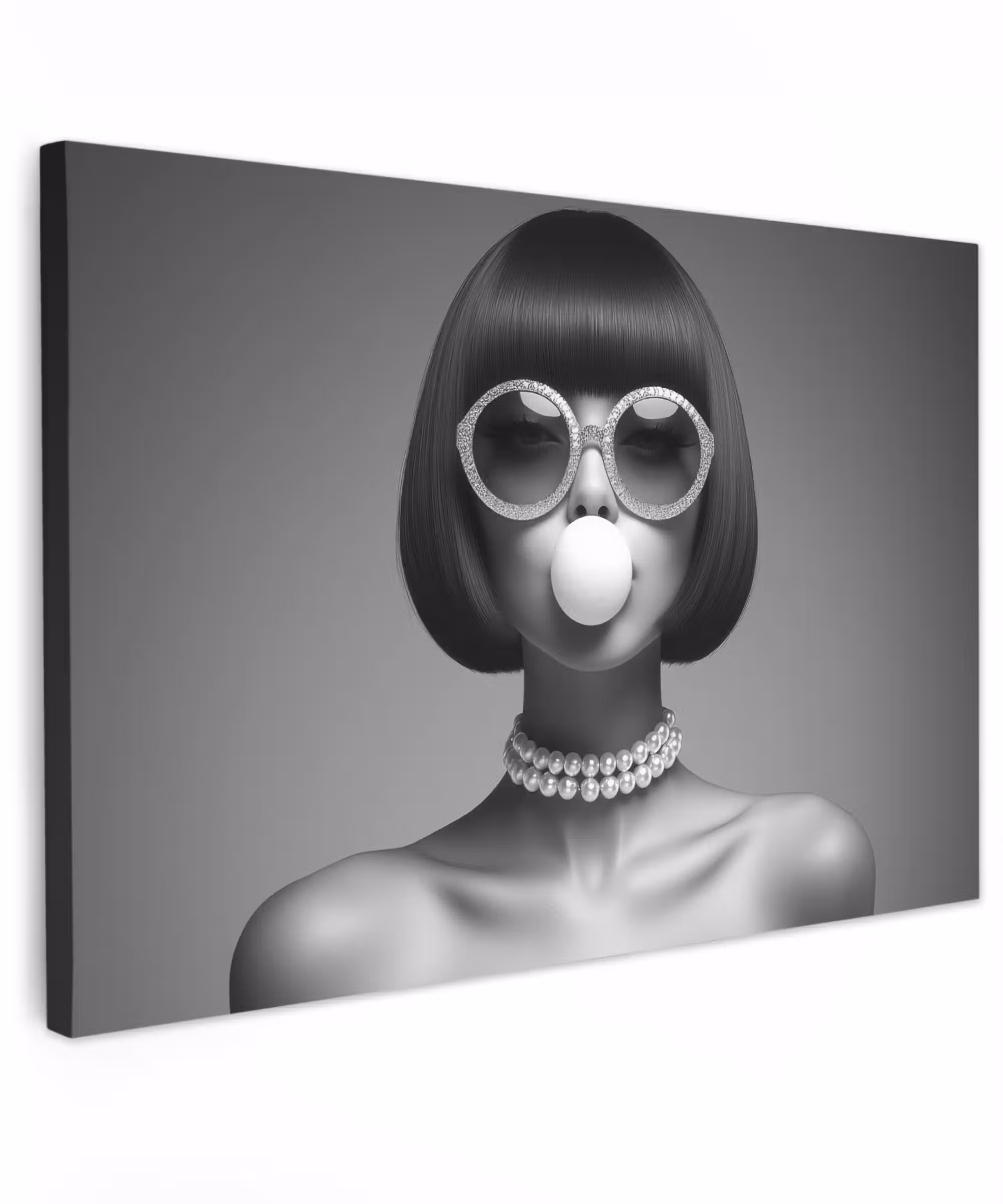 Canvas schilderij - Vrouw - Zwart Wit - Ketting - Zonnebril