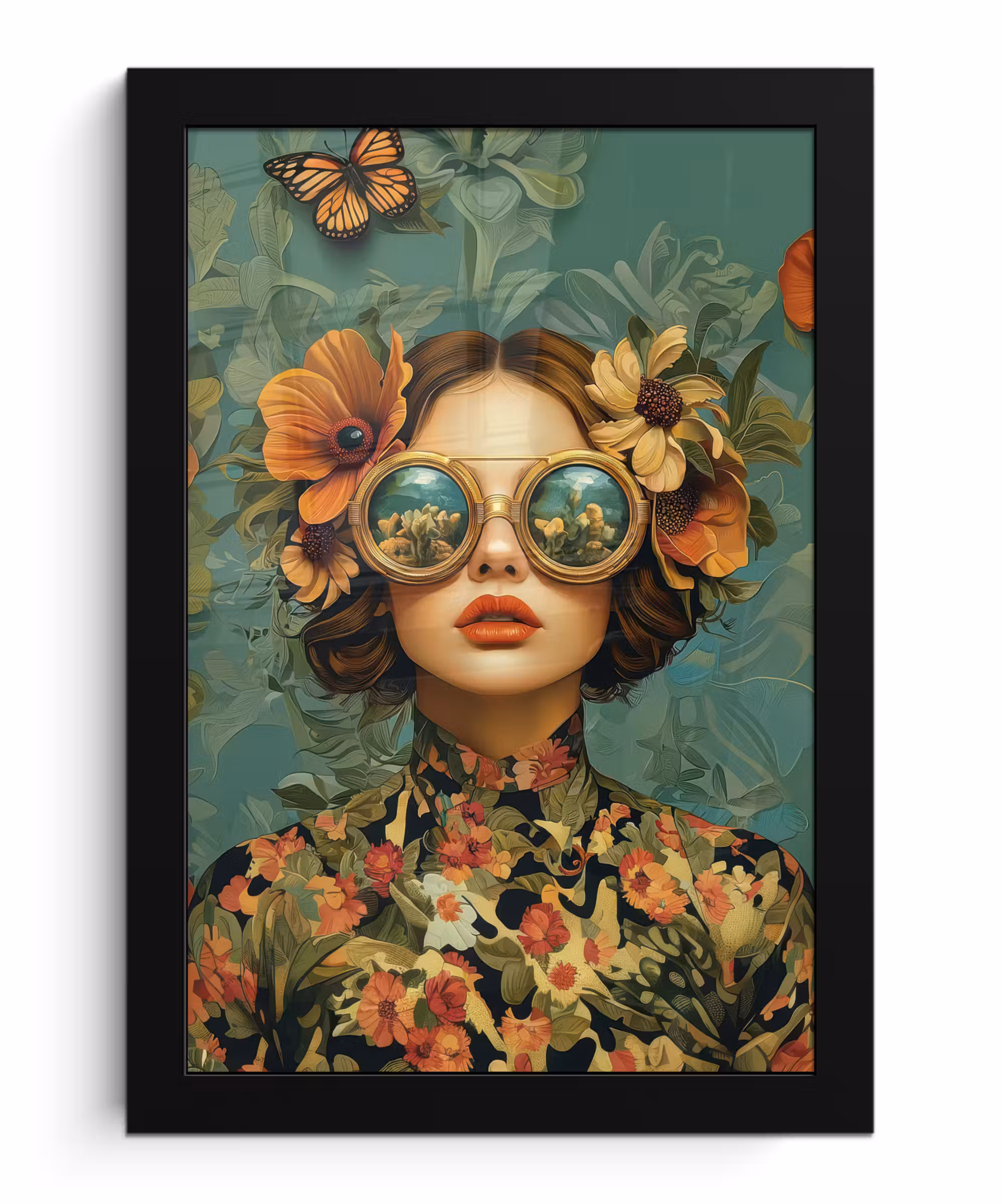 Poster met lijst - Vrouw - Bloemen - Vlinders - Natuur - Vintage