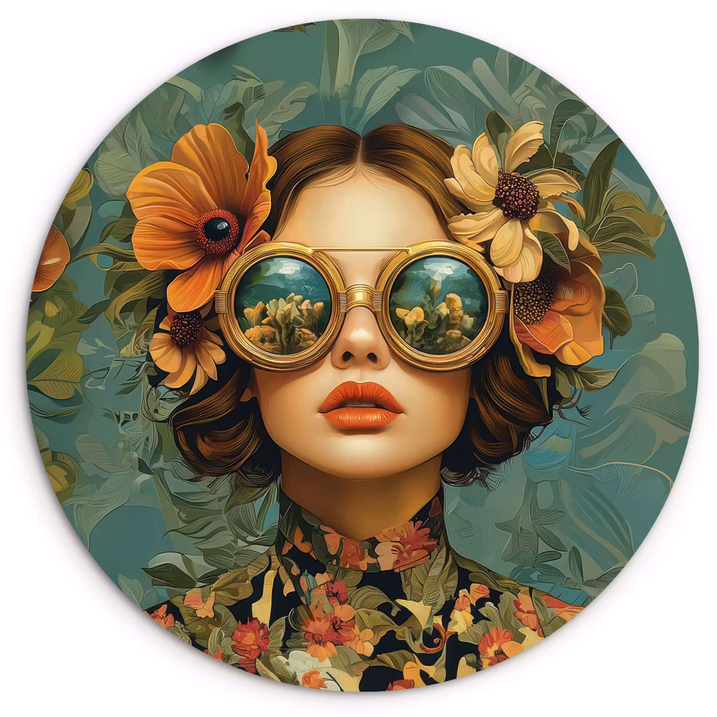 Muurcirkel glas - Vrouw - Bloemen - Vlinders - Natuur - Vintage