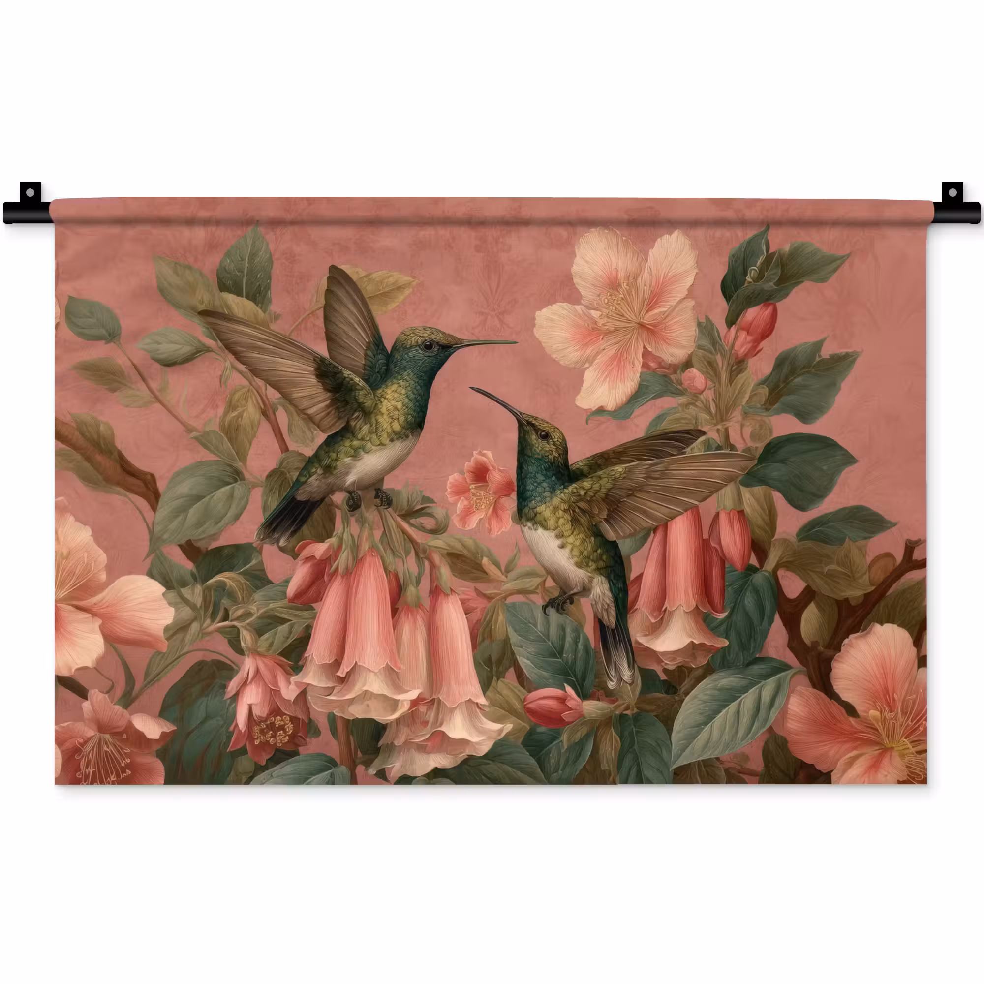 Wandkleed - Kolibries - Bloemen - Groen - Roze