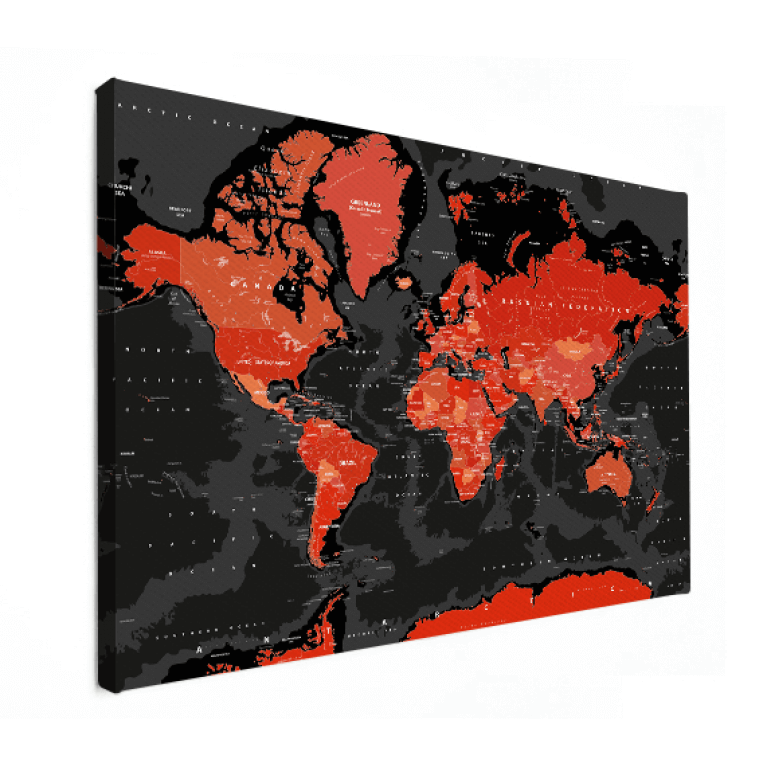 Wereldkaart Rood - zwart Canvas