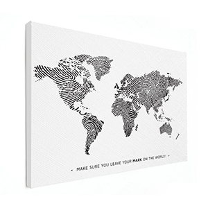 Wereldkaart Vingerafdruk - zwart wit met tekst Canvas