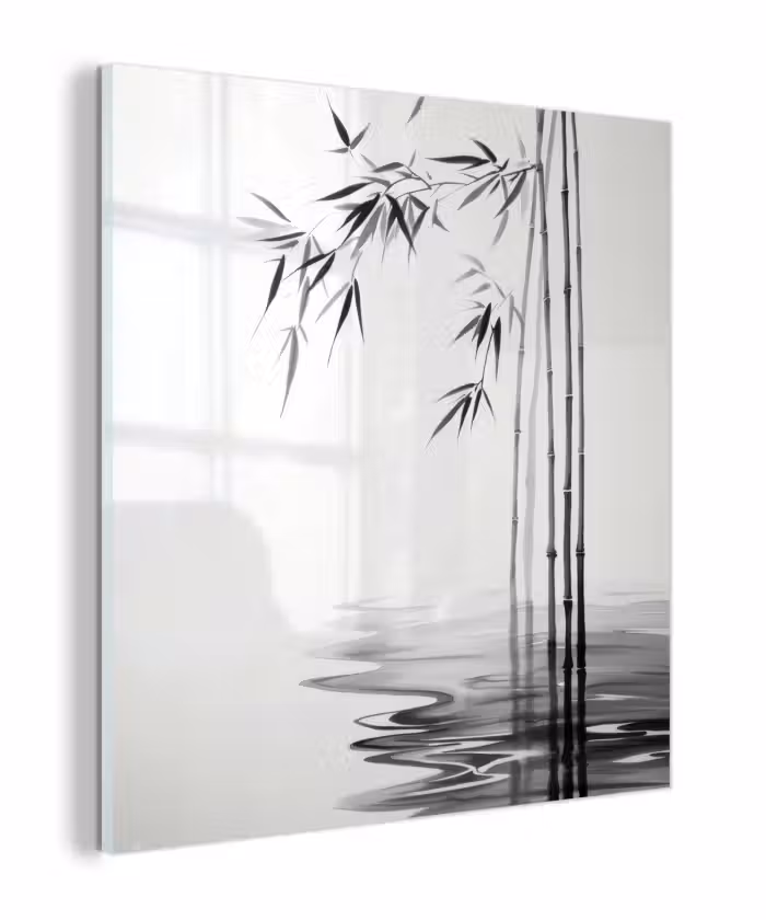 Glas schilderij - Bamboestammen - Water - Minimalistisch - Wit