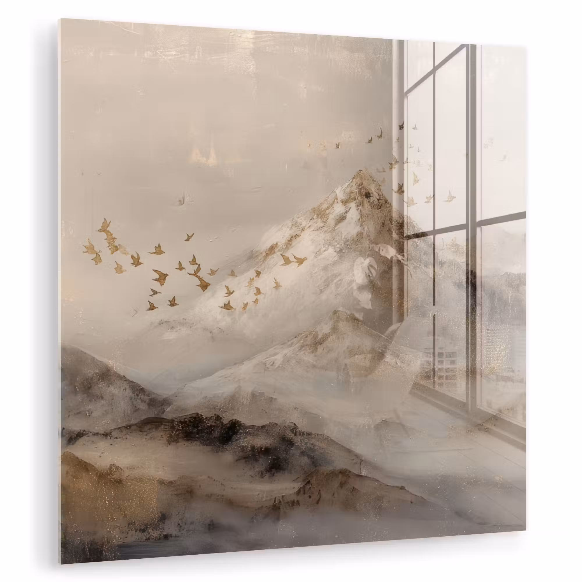 Glas schilderij - Berglandschap - Mist - Penseelstreken