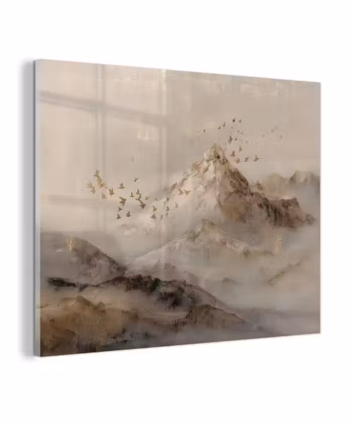 Glas schilderij - Berglandschap - Mist - Penseelstreken
