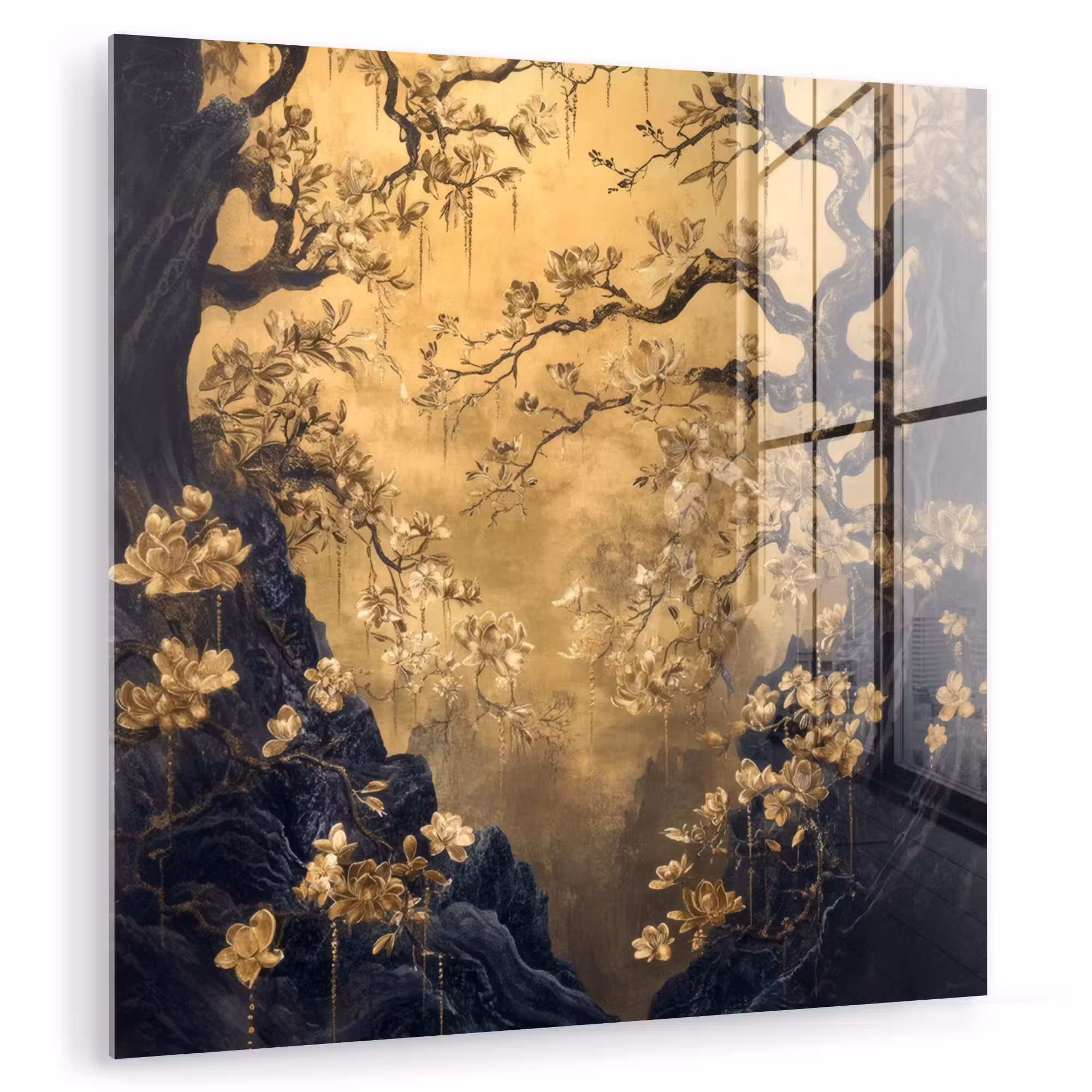 Glas schilderij - Bloemen - Takken - Goud - Sierlijk