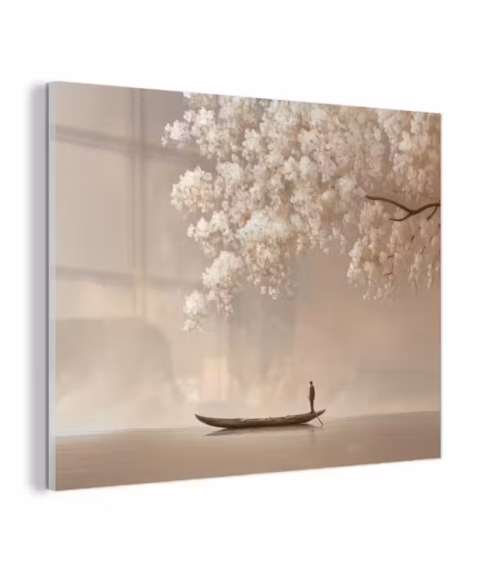Glas schilderij - Bloesems - Wit - Boot - Minimalistisch