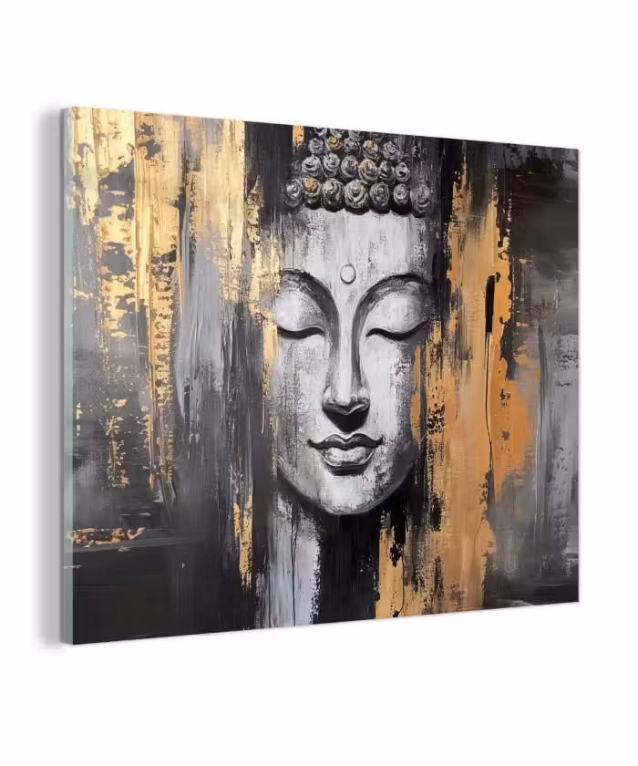 Glas schilderij - Boedhha - Penseelstreken - Goud - Abstract