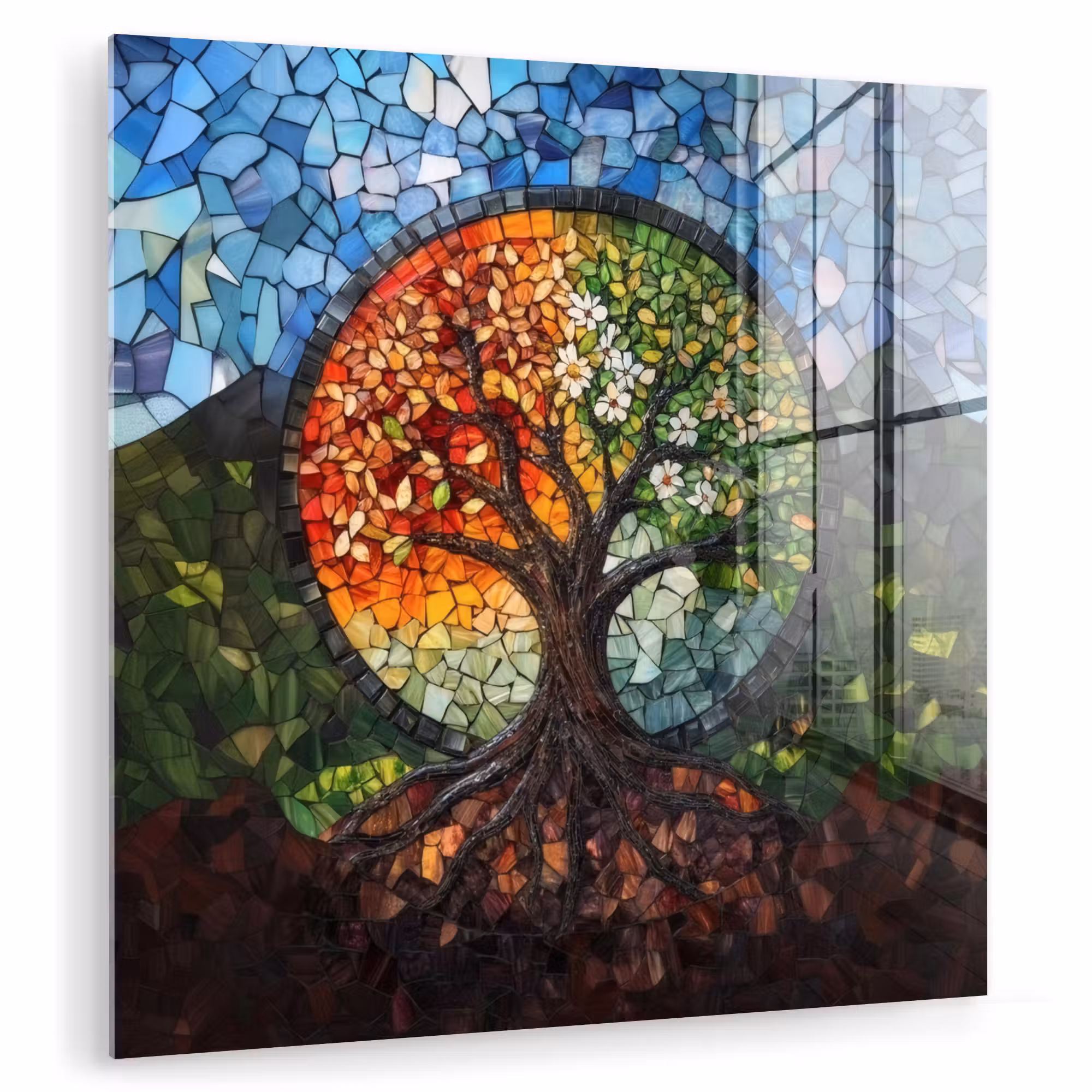 Glas schilderij - Boom - Seizoenen - Mozaïek - Bergen