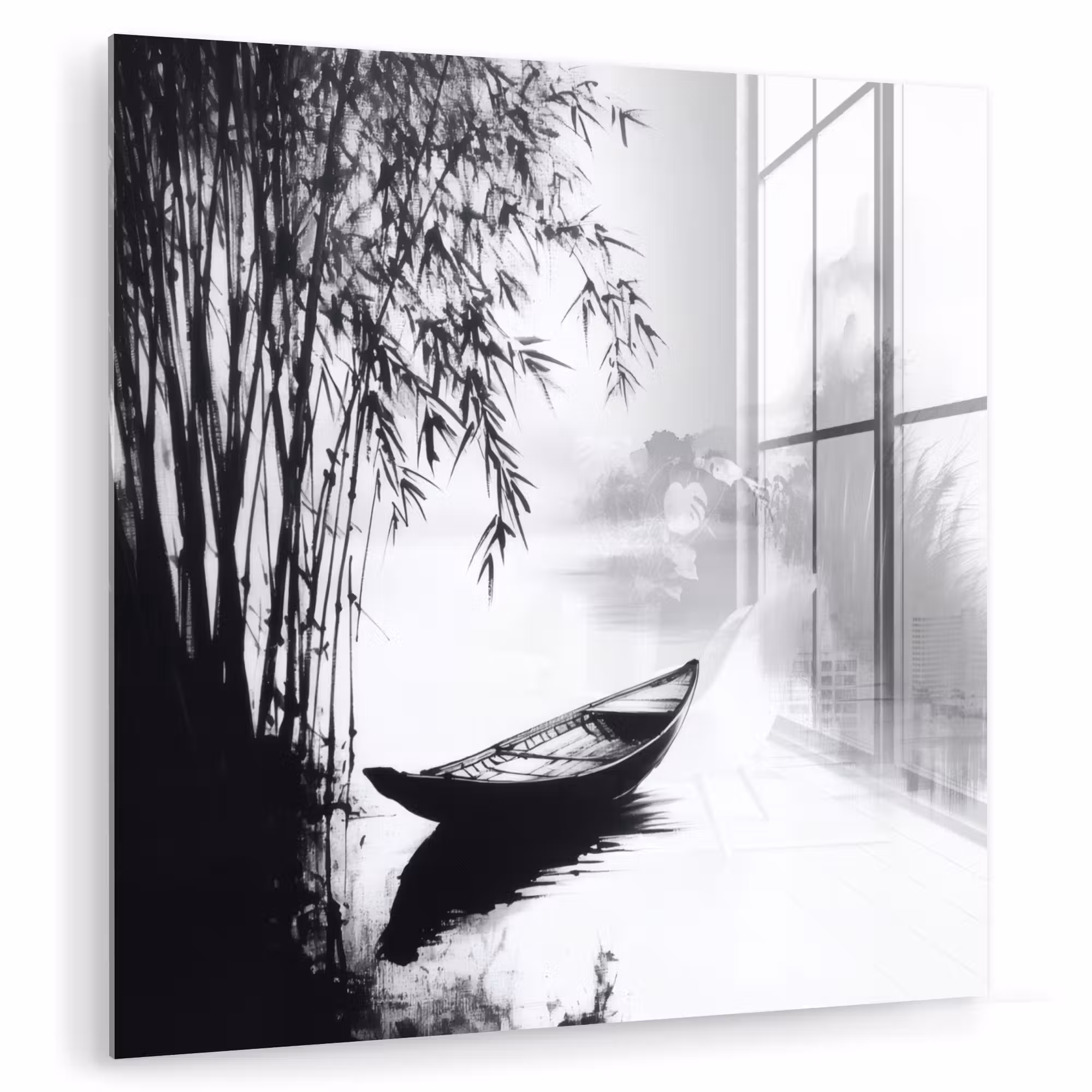 Glas schilderij - Boot - Rivier - Bamboe - Wit