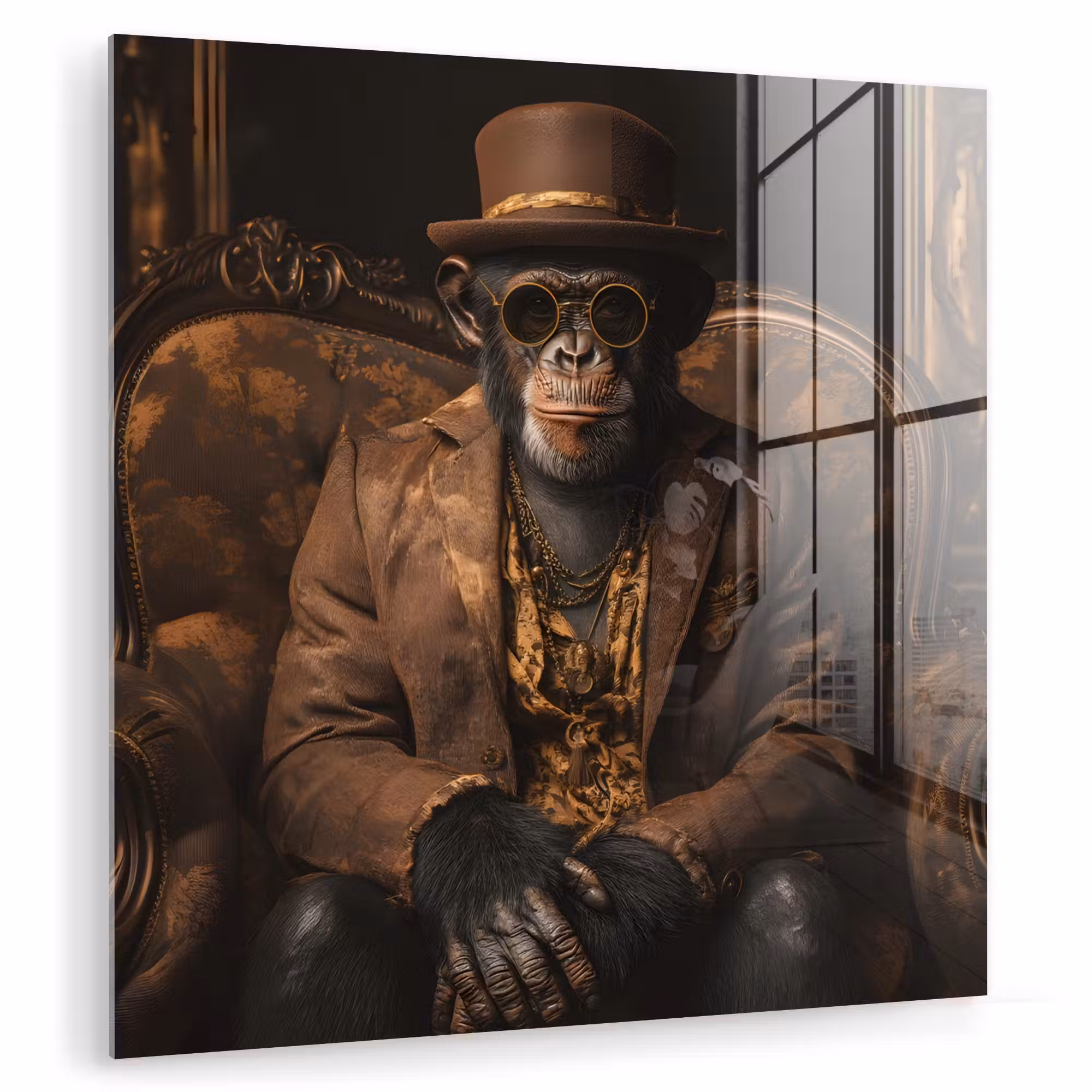 Glas schilderij - Chimpansee - Stoel - Pak - Bruin
