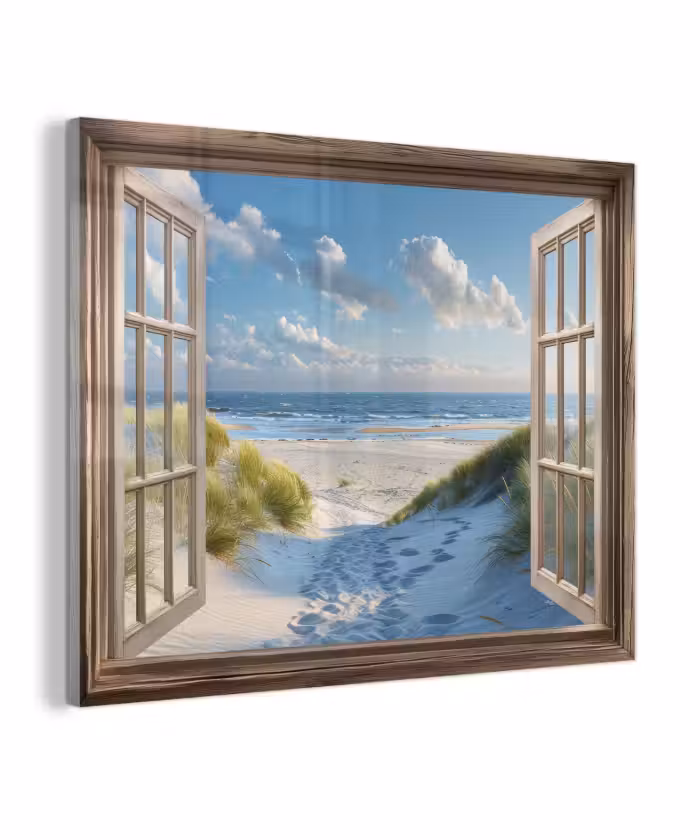 Glas schilderij - Doorkijk - Strand - Raam - Duinen - Zee