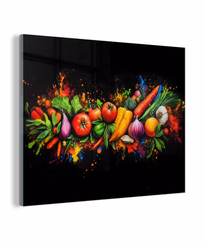 Glas schilderij - Groente - Eten - Kruiden - Graffiti - Koken