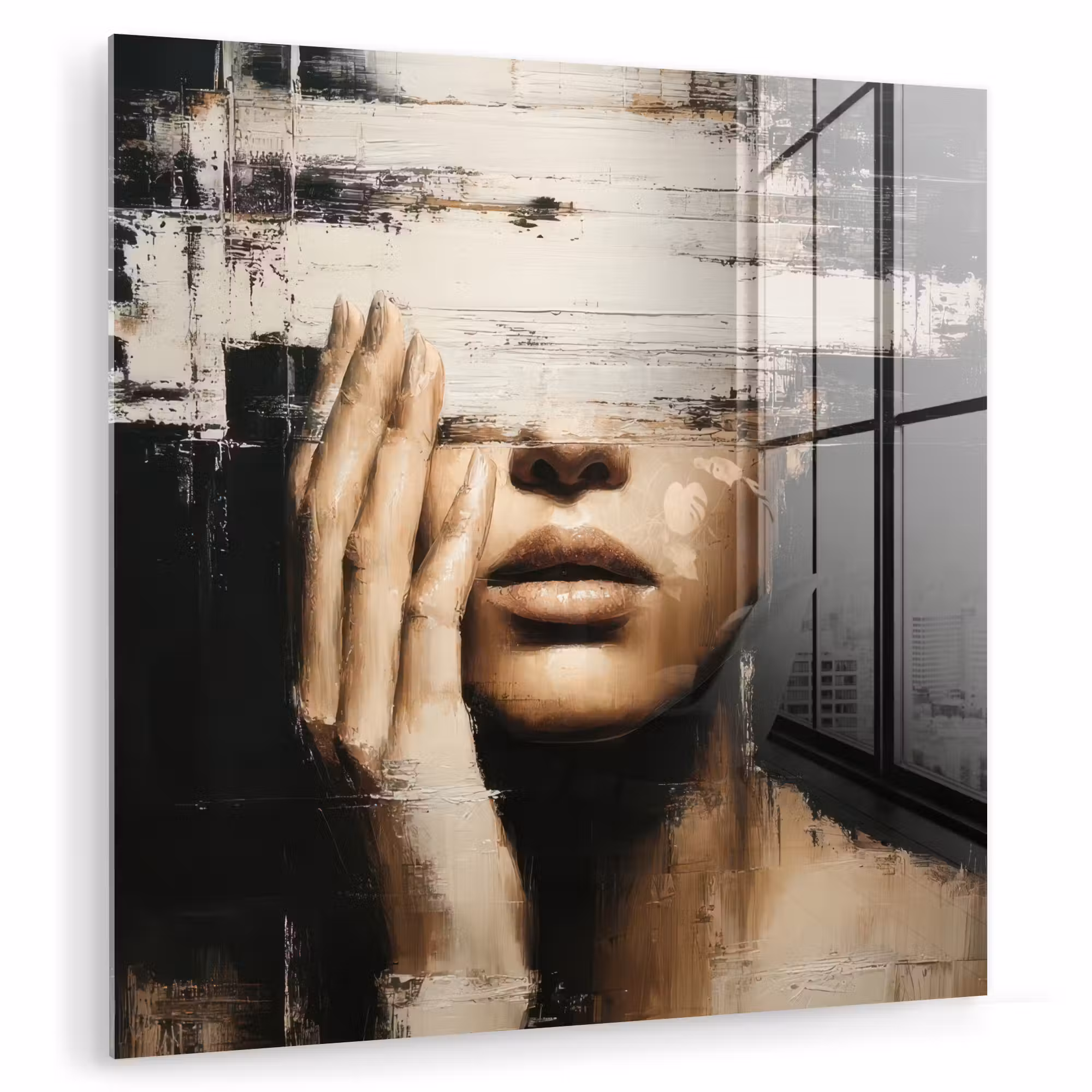 Glas schilderij - Hand - Gezicht - Strepen - Abstract