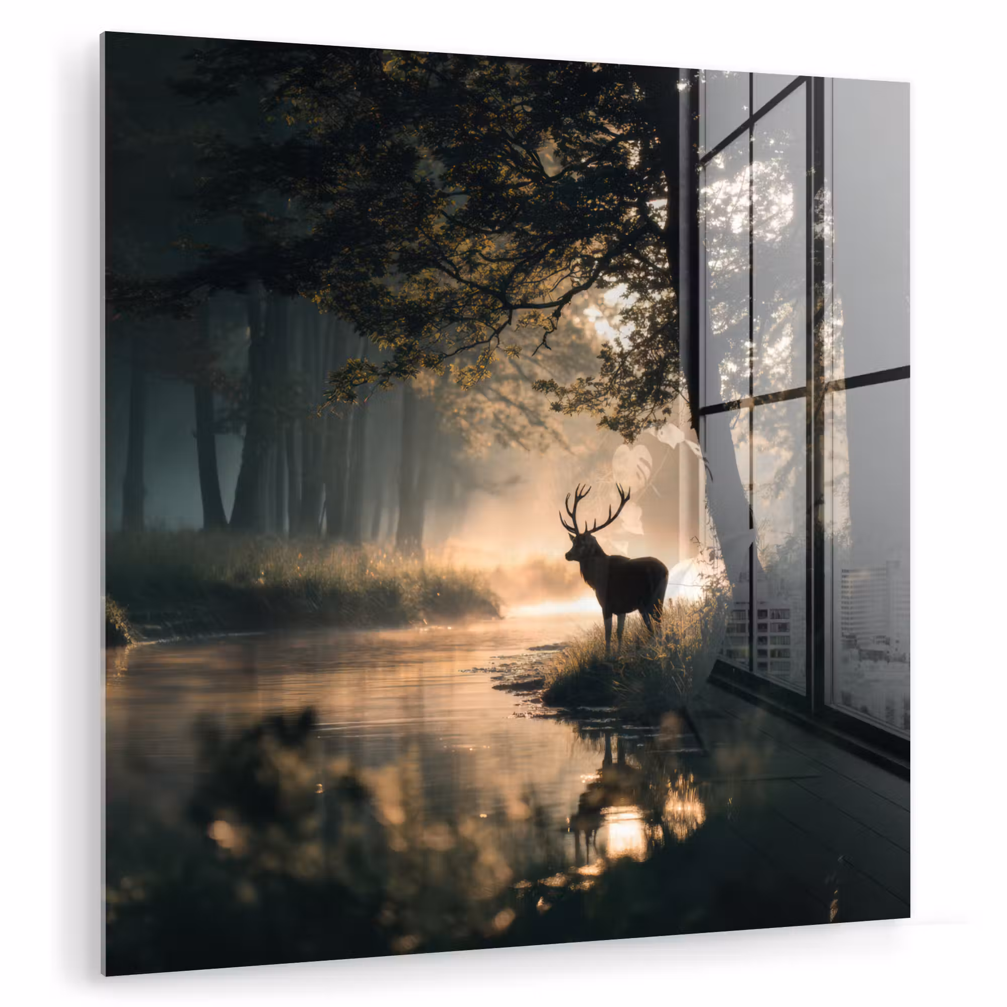 Glas schilderij - Hert - Bosbeek - Mystiek