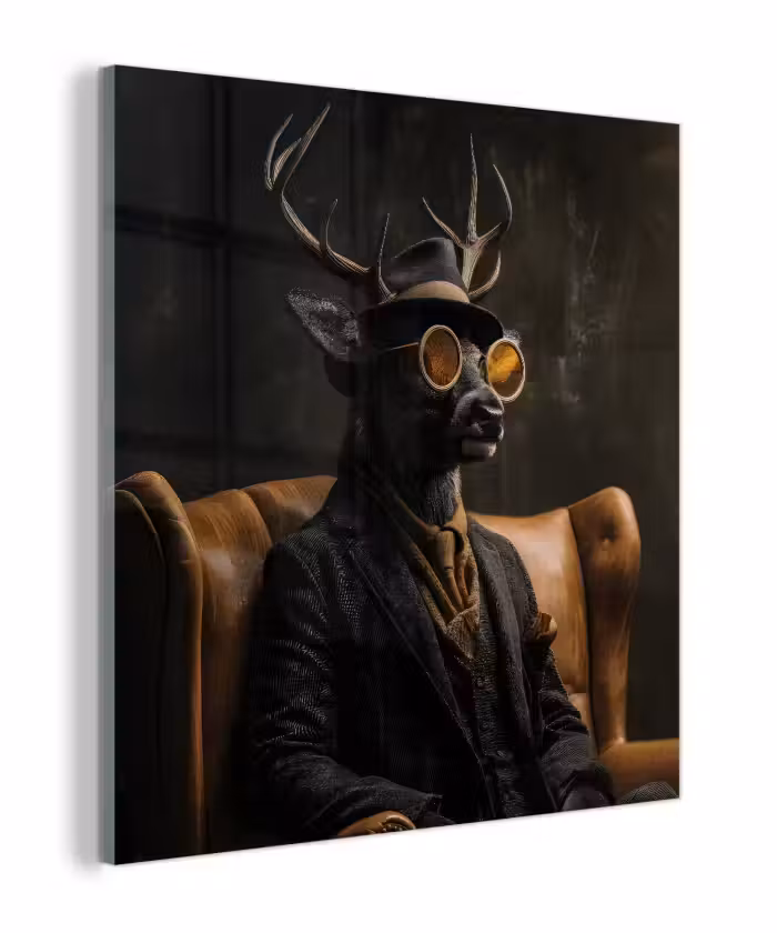 Glas schilderij - Hert - Zonnebril - Zwart - Pak