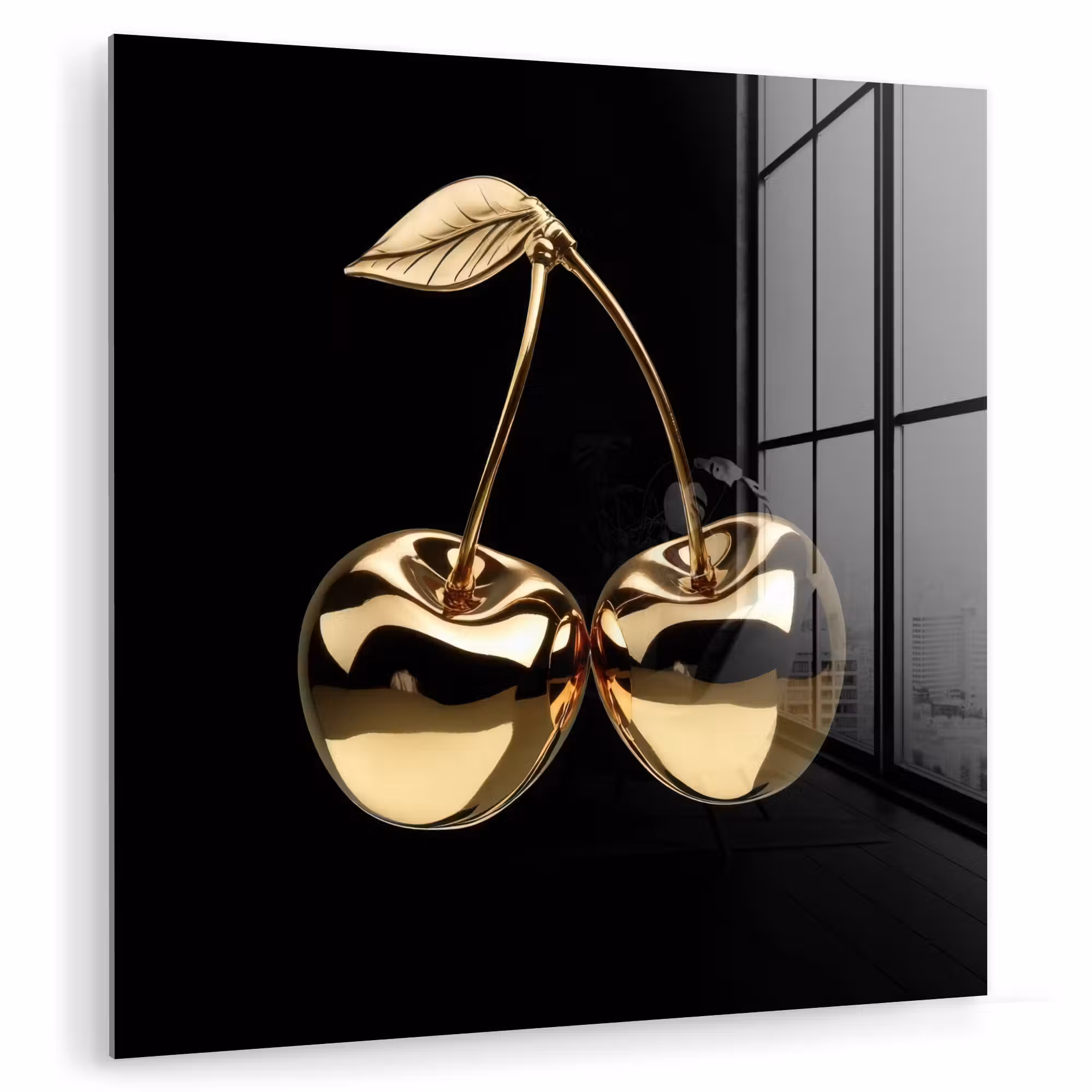 Glas schilderij - Kersen - Zwart - Goud - Chrome