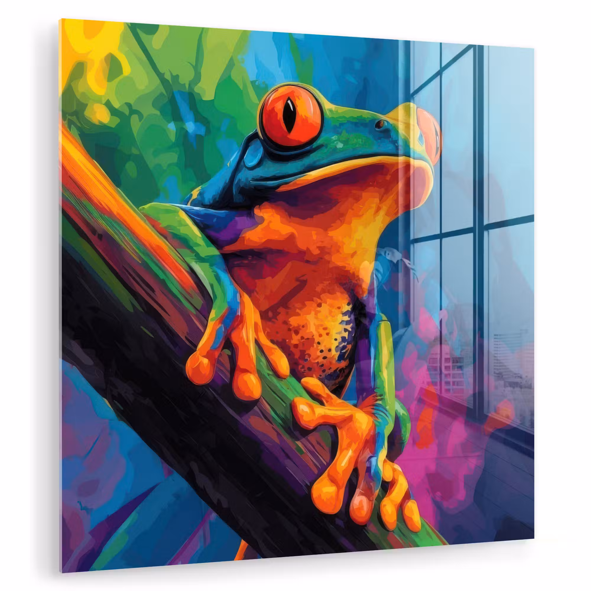 Glas schilderij - Kikker - Felgekleurd - Tak - Regenboog