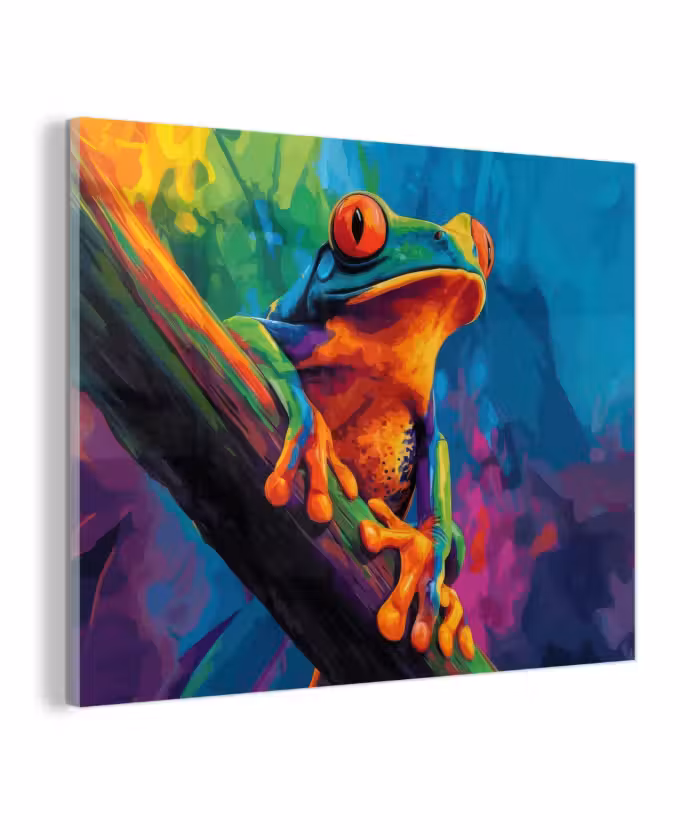 Glas schilderij - Kikker - Felgekleurd - Tak - Regenboog