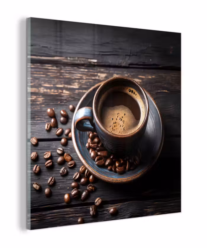 Glas schilderij - Kop - Koffie - Hout - Bonen