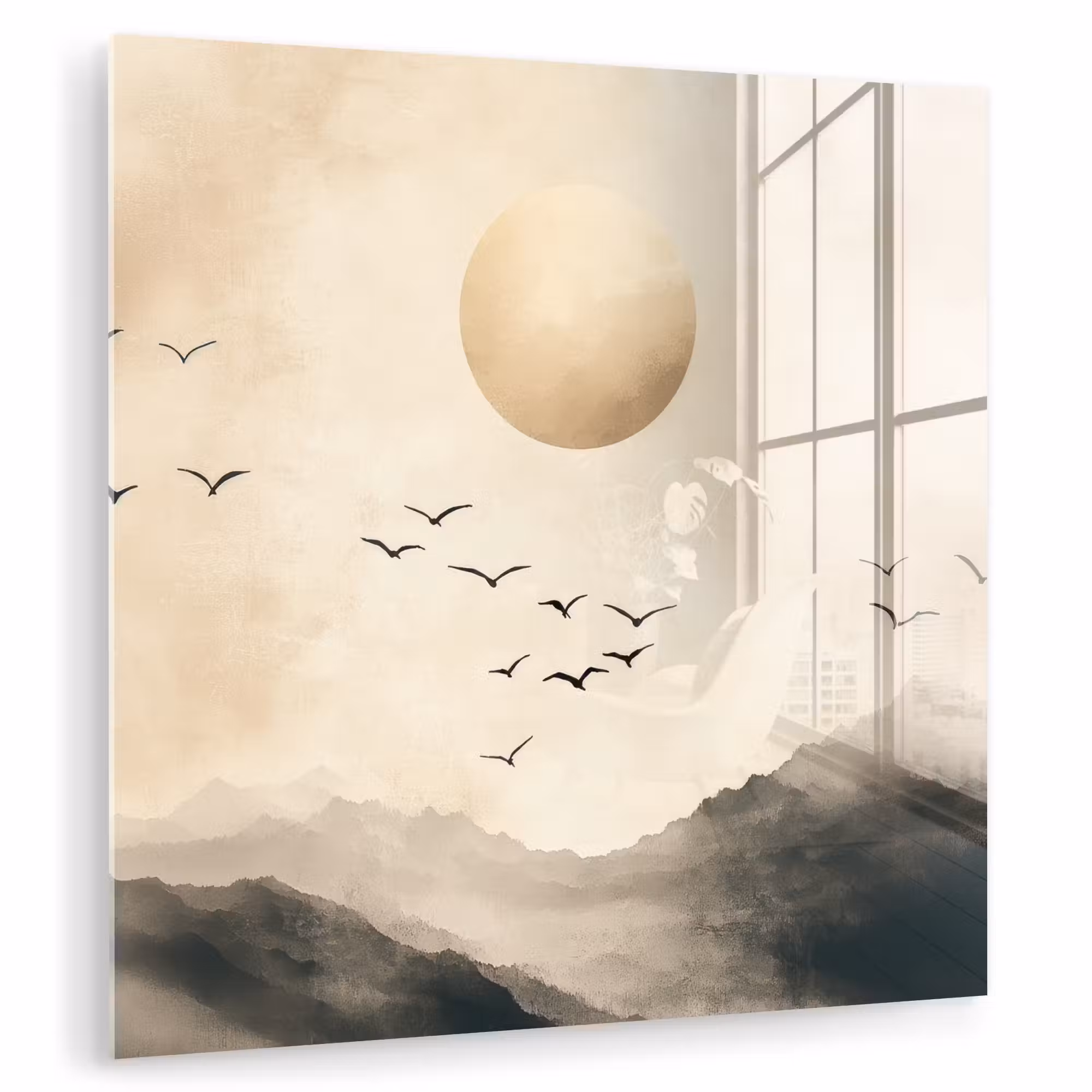Glas schilderij - Landschap - Japandi - vogel