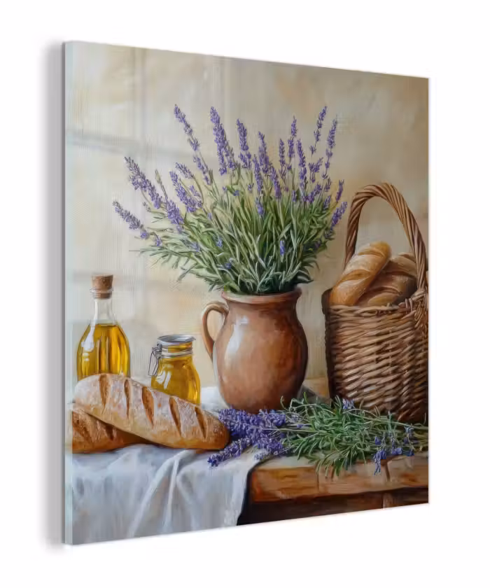 Glas schilderij - Lavendel - Brood - Stilleven