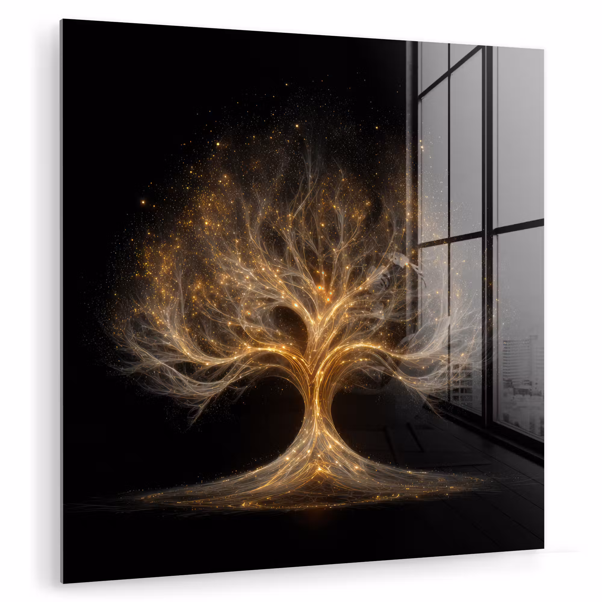 Glas schilderij - Lichtjes - Boom - Abstract - Zwart