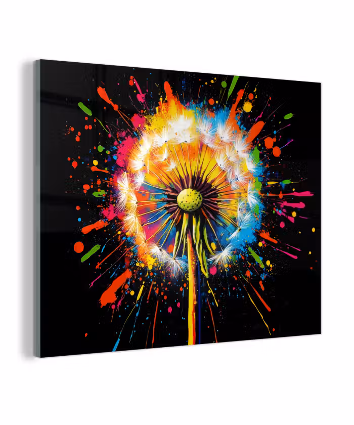 Glas schilderij - Paardenbloem - Graffiti - Kleurrijk - Bloemen - Natuur