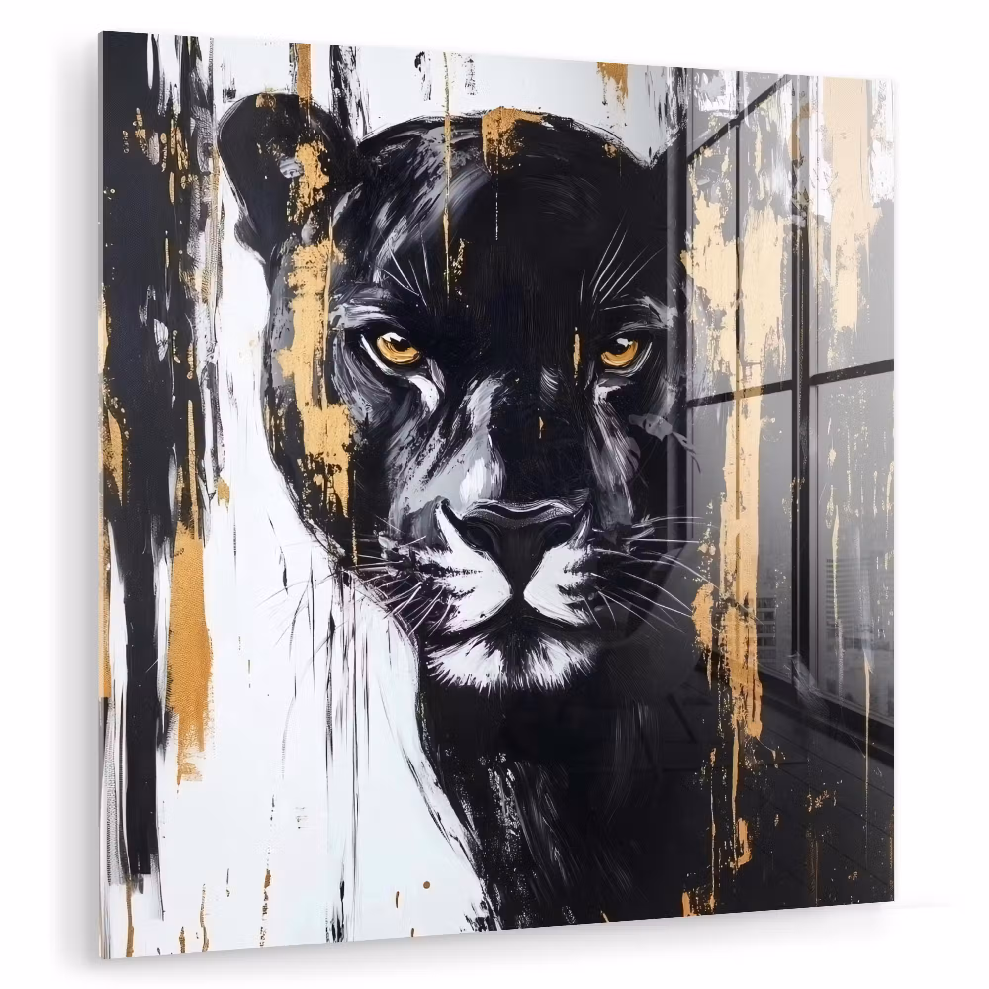 Glas schilderij - Panter - Zwart - Abstract - Verfstreken
