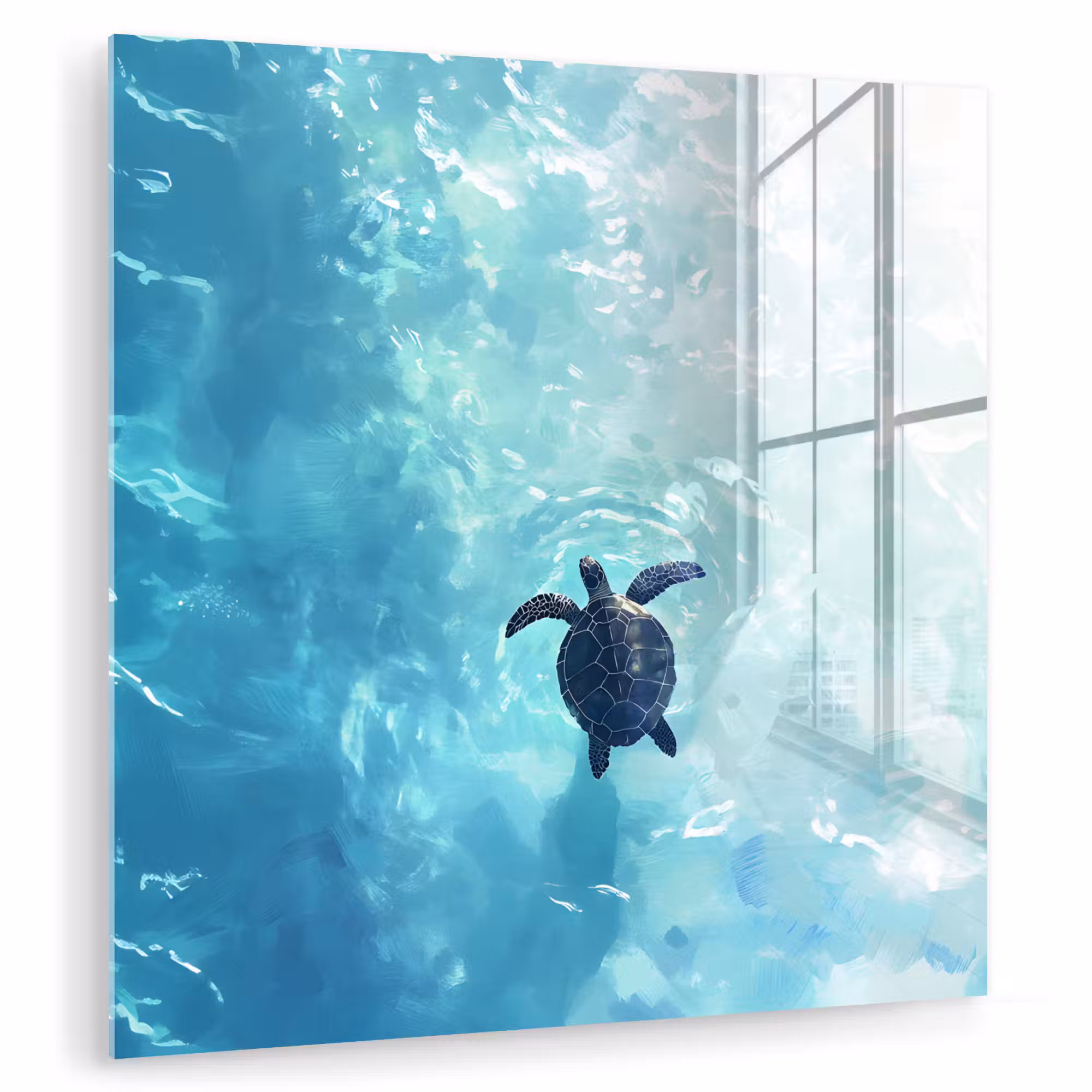 Glas schilderij - Schildpad - Zee - Blauw - Schittering