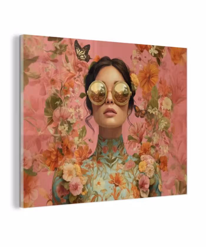 Glas schilderij - Vrouw - Bril - Roze - Bloemen