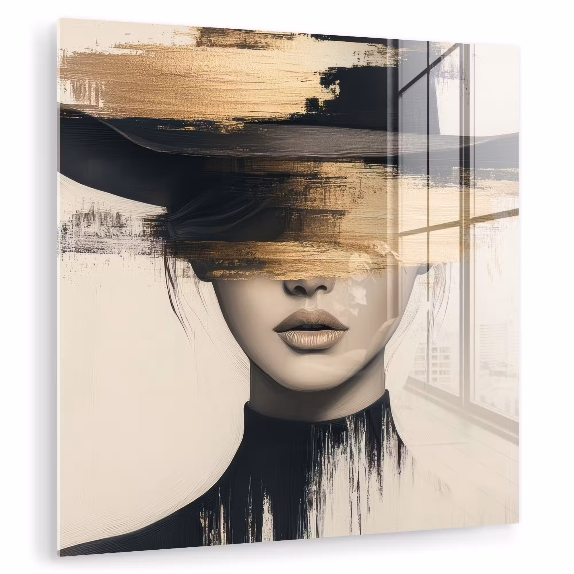 Glas schilderij - Vrouw - Hoed - Verf