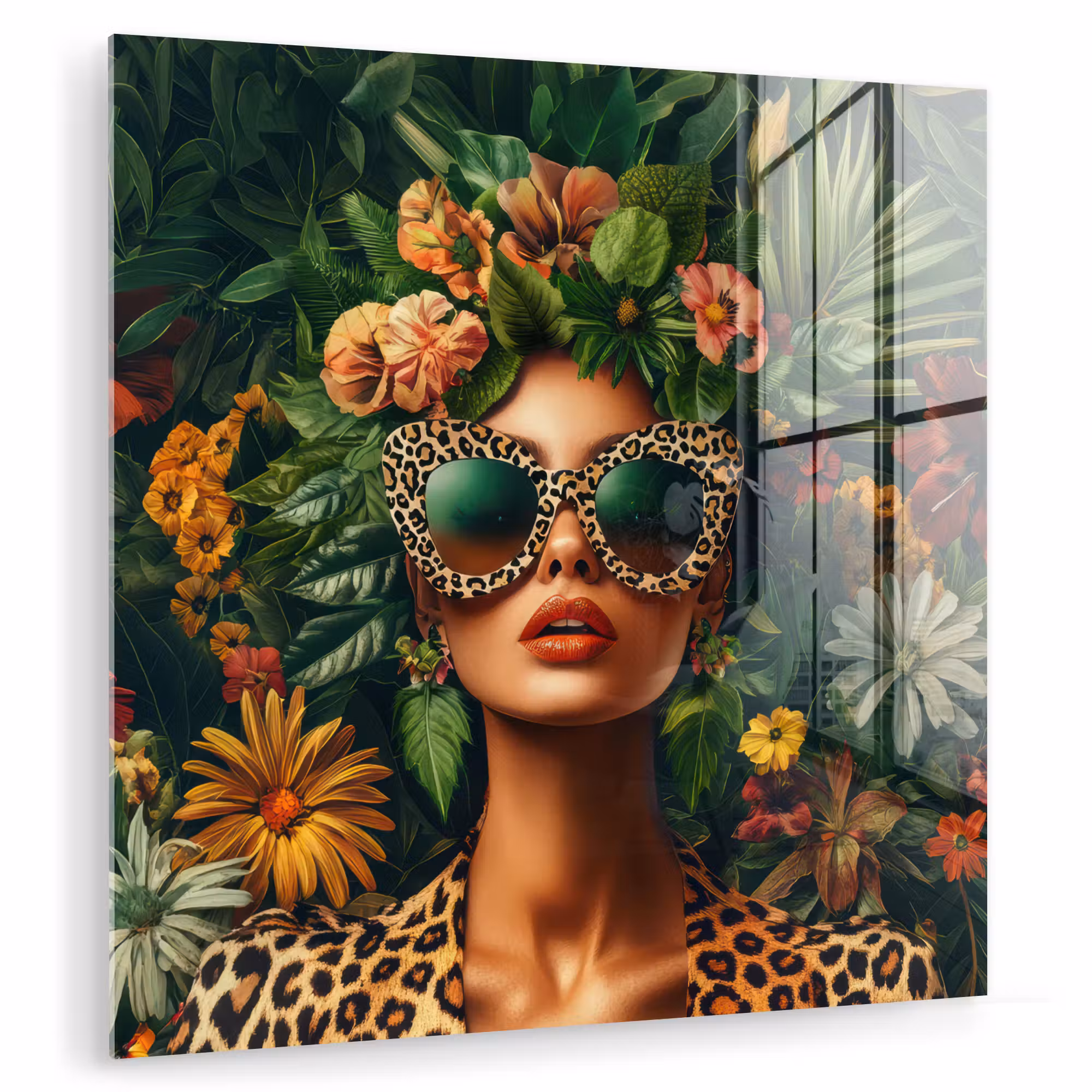 Glas schilderij - Vrouw - Panterprint - Jungle - Natuur - Luxe