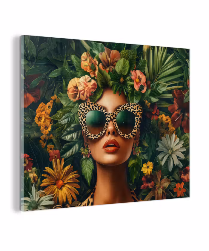 Glas schilderij - Vrouw - Panterprint - Jungle - Natuur - Luxe