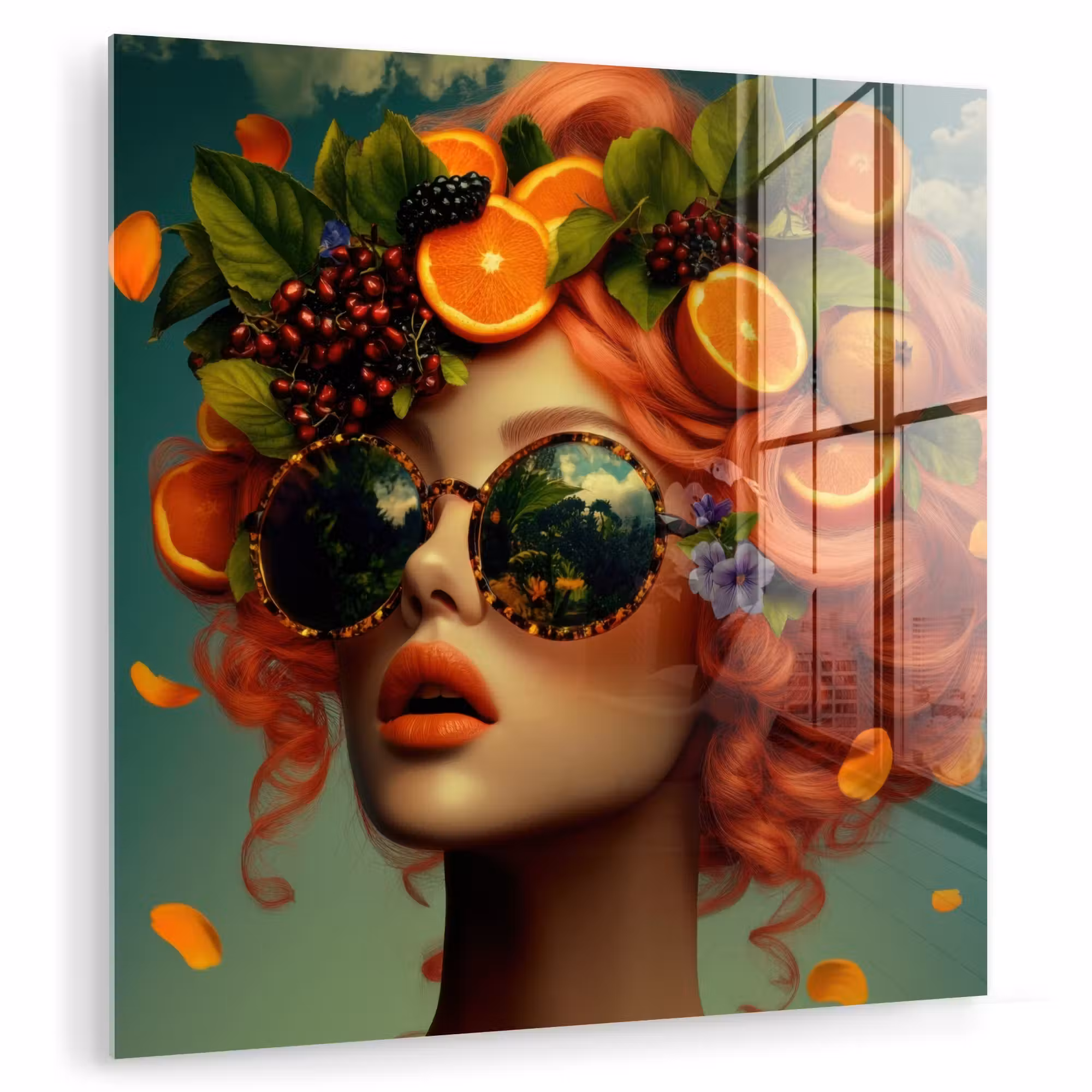 Glas schilderij - Vrouw - Sinaasappel - Bessen - Oranje