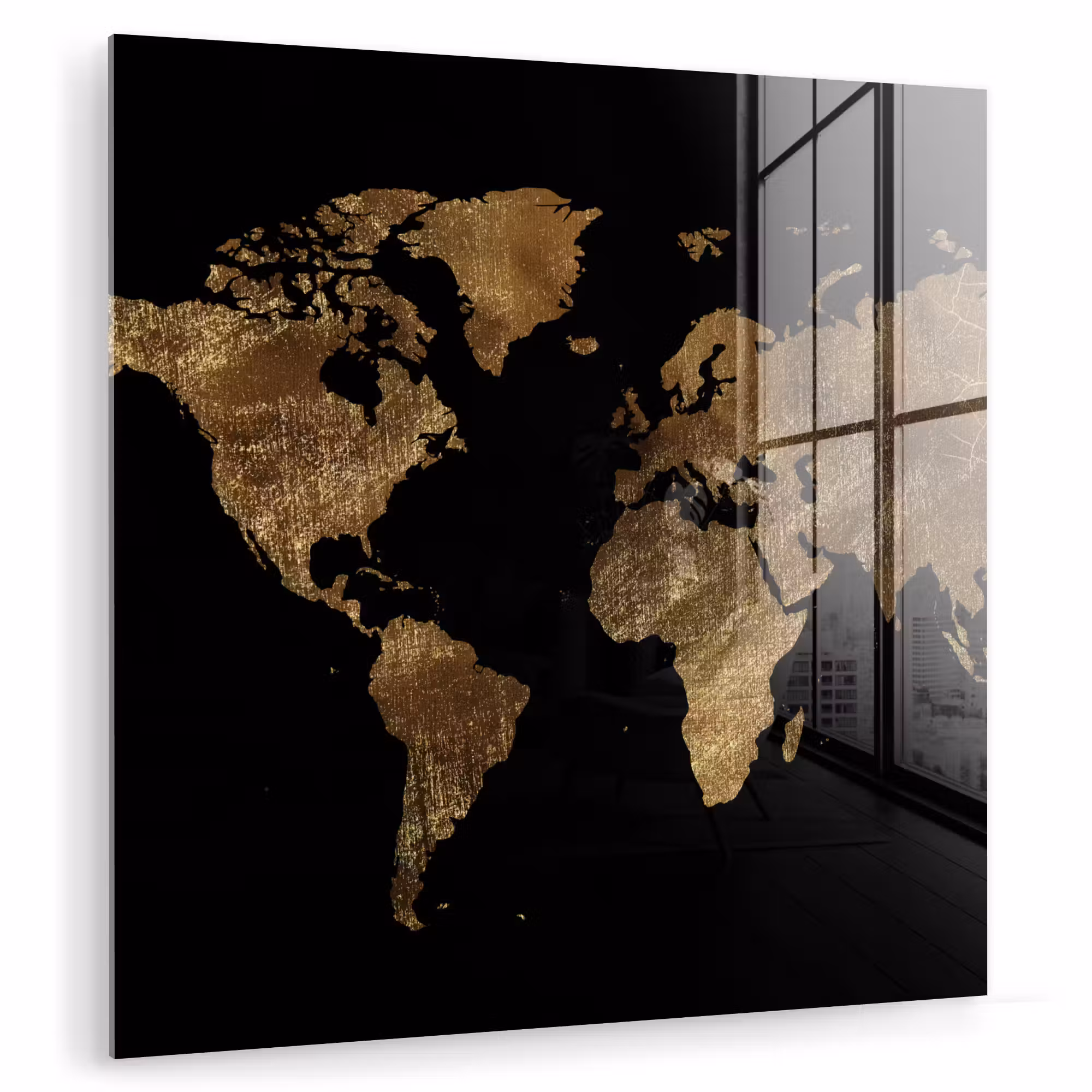 Glas schilderij - Wereldkaart - Goud - Luxe - Aarde - Zwart