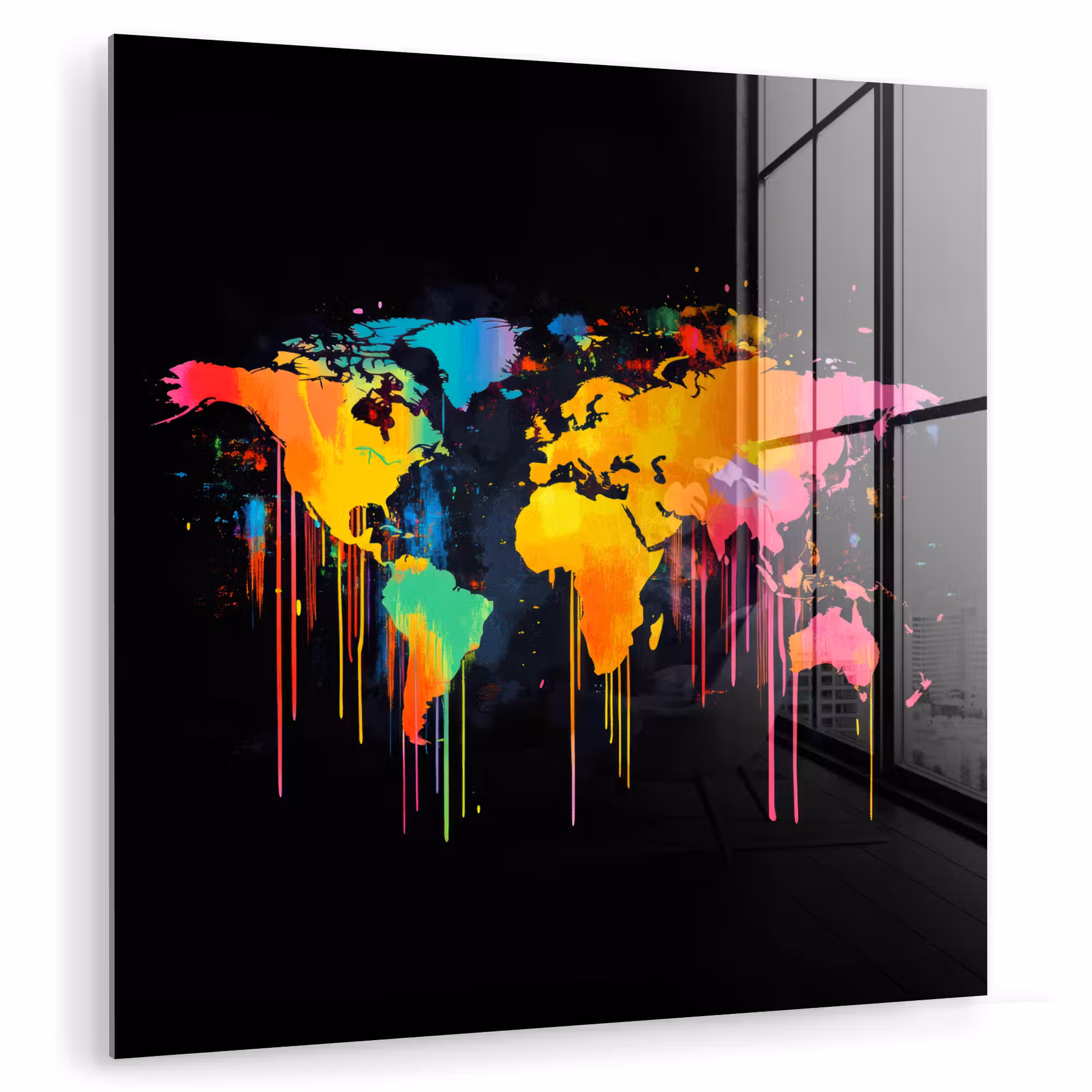 Glas schilderij - Wereldkaart - Verf - Kleurrijk - Graffiti - Wereld