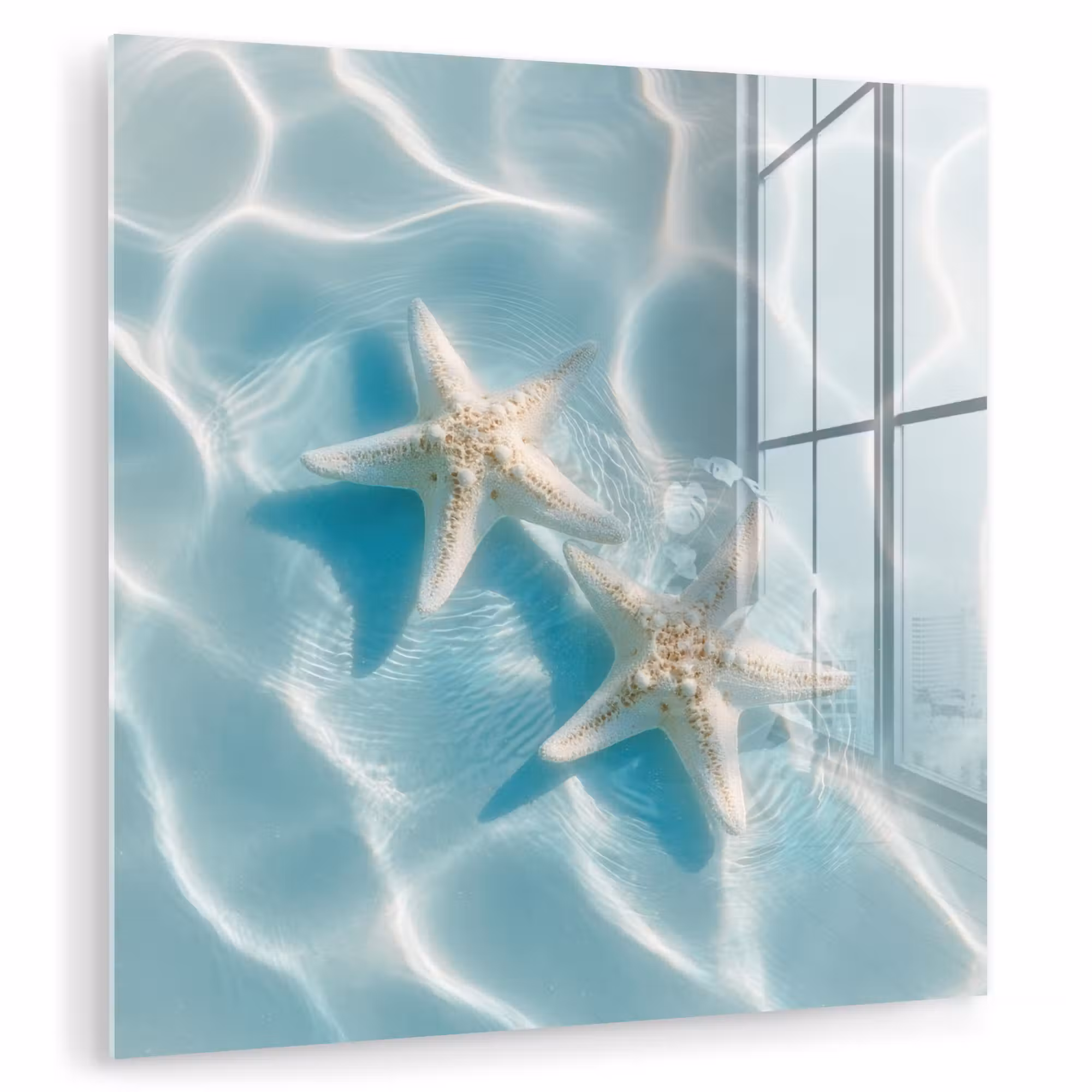 Glas schilderij - Zeesterren - Golvend water - Rustgevend