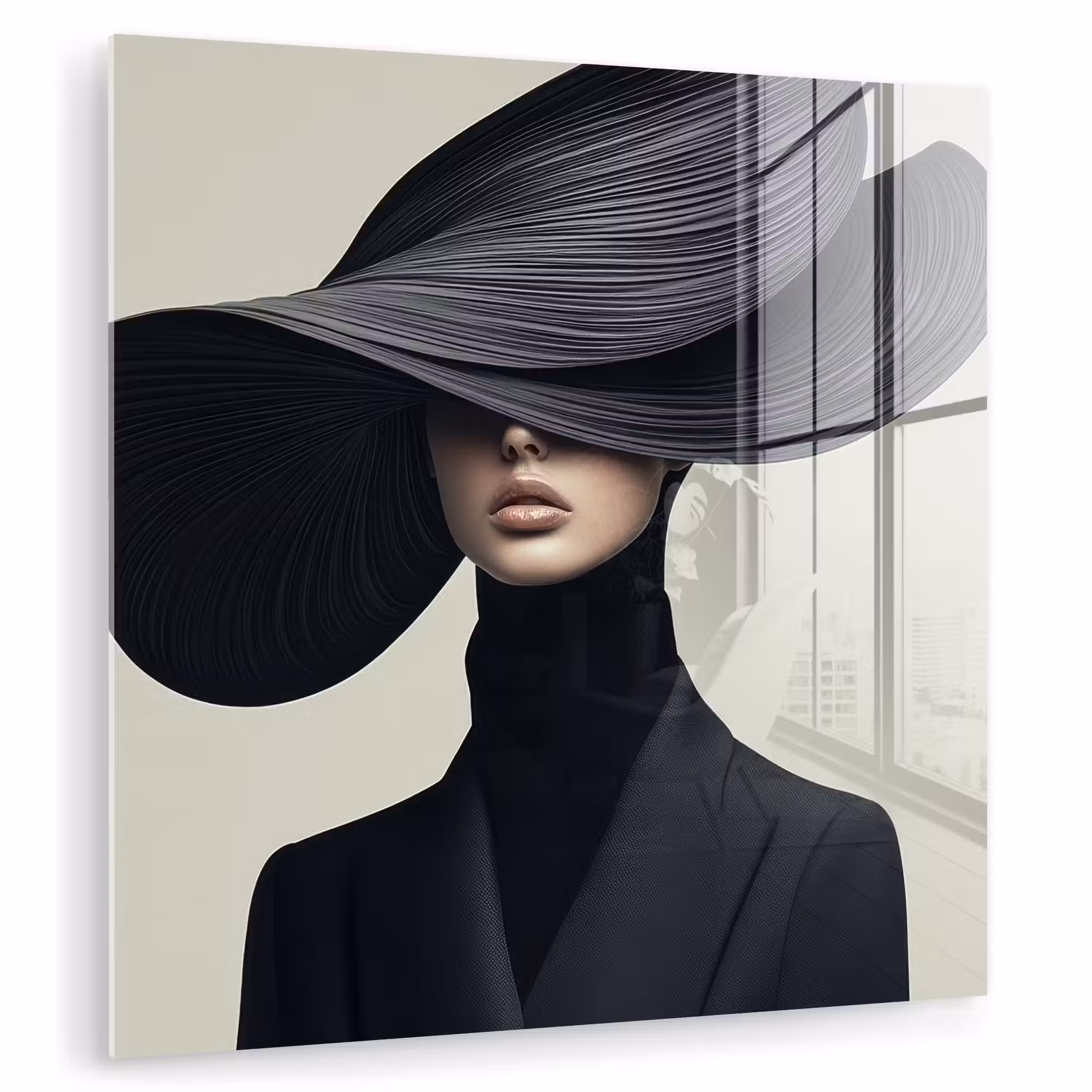 Glas schilderij - Zwart - Vrouw - Hoed