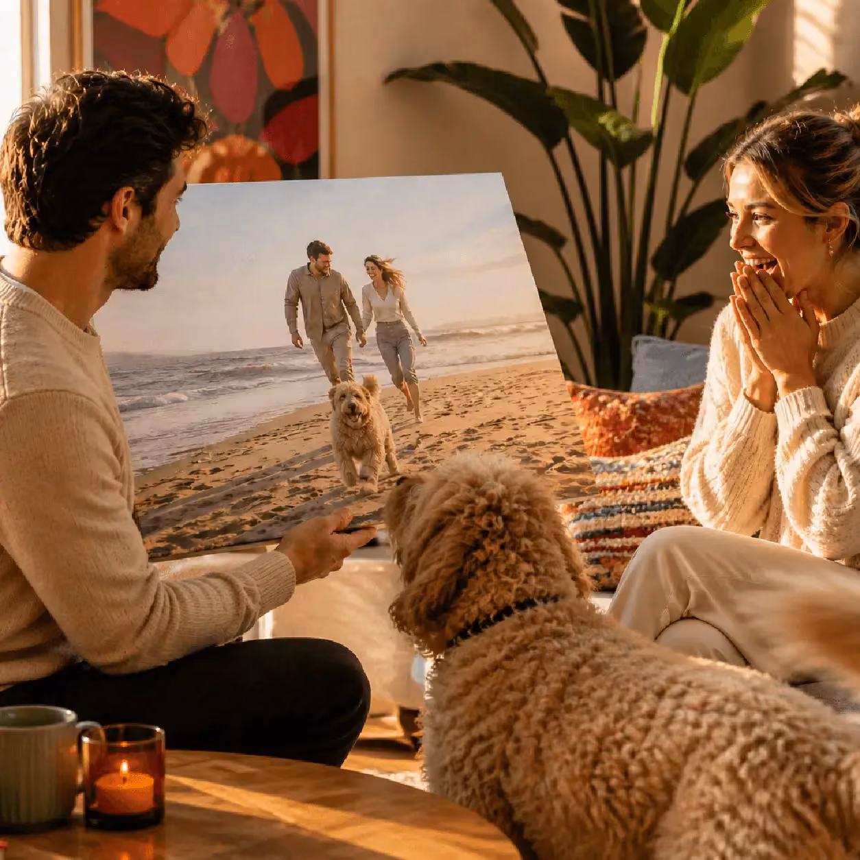 foto op canvas stel gelukkig met hond